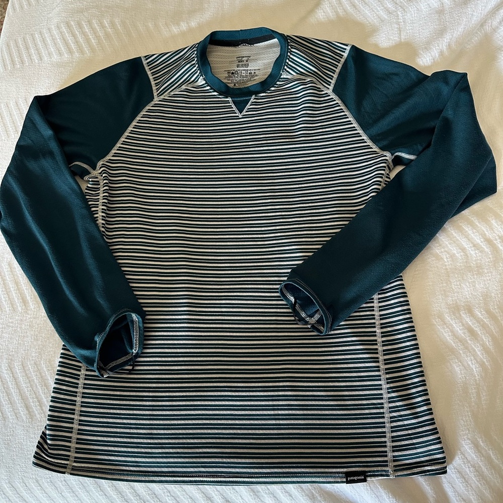 Patagonia Men's Shirt - Teal and White Stripes